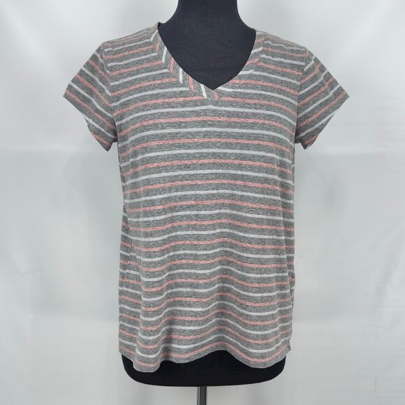 Cable & Gauge Women’s Gray Pink Striped V-Neck Short Sleeve Tee Size Medium - Picture 2 of 7